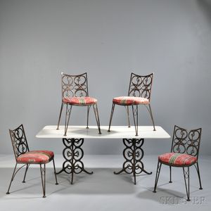 Marble and Iron Dining Table with Four Upholstered Chairs