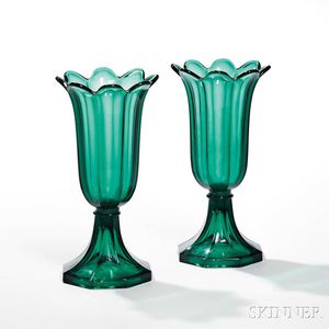 Pair of Emerald Green Pressed Glass Tulip Vases