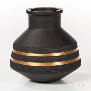 Modern Wedgwood Basalt Vase with Textured and Gilt Banding