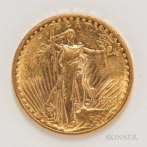 1909/8 $20 St. Gaudens Double Eagle Gold Coin. 