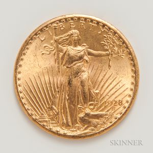 1928 $20 St. Gaudens Double Eagle Gold Coin. 