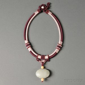 Woven Necklace with Jade Pendant and Bone Beads