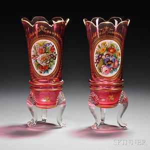 Pair of Bohemian Gilded and Enameled Cranberry Glass Vases