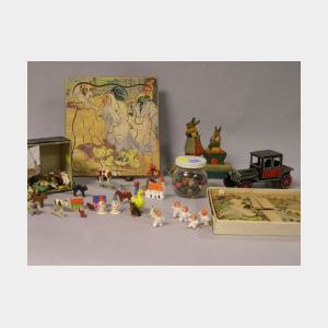 Group of Miniature Figures, a Jar of Clay Marbles, Two Puzzles, Lithograph Pull Toy and Tin Car