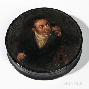 Polychrome Painted Papier-mache Snuff Box with a Wine Patron