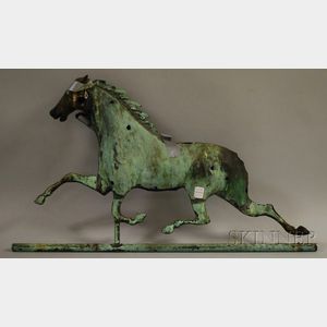 Patinated Molded Copper Running Horse Weather Vane with Cast Iron Head