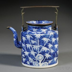 Blue and White Teapot with Metal Handle