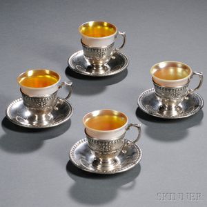 Four Steuben Glass and Sterling Silver Demitasse Cups and Undertrays