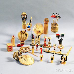 Twenty-one Japanese Folk Art Mingei Birds, Dolls, and Toys