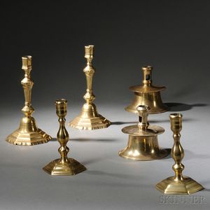 Three Pairs of Early Brass Candlesticks