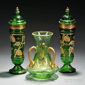 Three Bohemian Gilded Green Glass Vases
