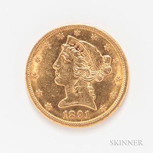 1891-CC $5 Liberty Head Gold Coin. 