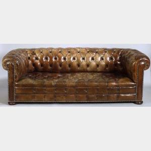 Edwardian-style Tufted Brown Leather Chesterfield Sofa