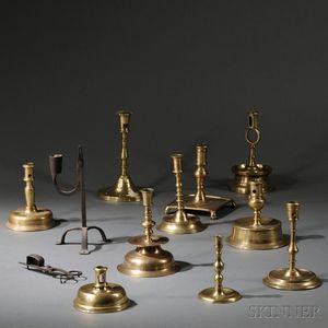 Ten Early Brass Candlesticks and Wrought Iron Rush Light and Candle Snuffer
