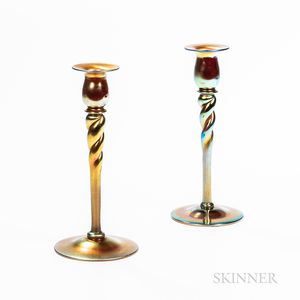 Pair of Steuben Gold Aurene Candlesticks