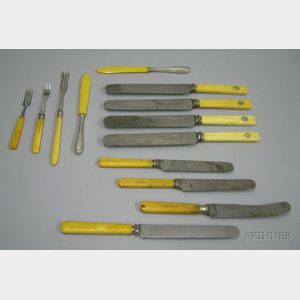 Eight Bone-Handled Knives and Five Bone Serving Flatware Items