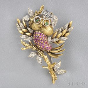 14kt Gold Gem-set Wise Owl Pendant/brooch