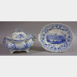 English Pale Blue Transfer Decorated Staffordshire Footed Soup Tureen with Cover and a Platter