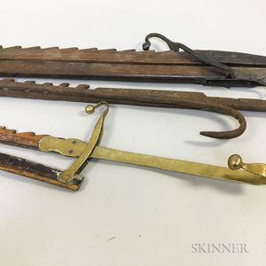Two Early Wrought Iron Trammels and a Brass and Wood Trammel