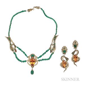 14kt Gold, Citrine, Emerald, and Seed Pearl Necklace and Earrings