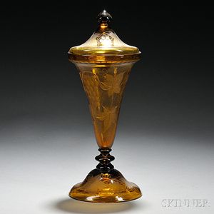 Pairpoint Amber Eng. Grape Pattern Covered Glass Vase