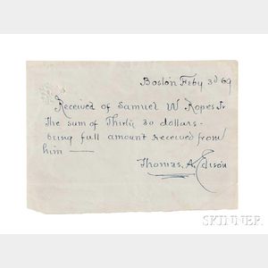 Edison, Thomas Alva (1847-1931) Autograph Document Signed, Boston, 3 February 1869.