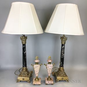 Pair of Marble and Brass Columnar Table Lamps and a Two-piece Brass-mounted Marble Garniture