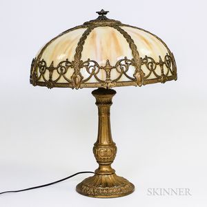 Bronzed Metal and Overlay Slag Glass Table Lamp