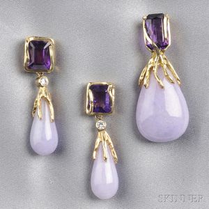 14kt Gold, Lavender Jade, and Amethyst Pendant and Earpendants