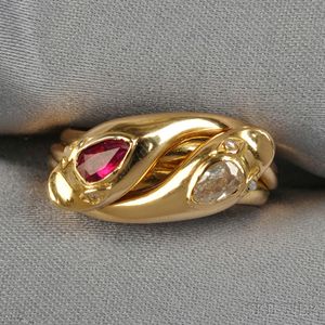 18kt Gold, Ruby, and Diamond Snake Ring