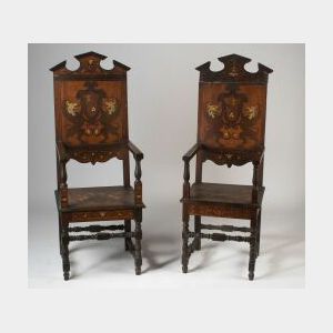 Pair of Northern Italian Ivory Inlaid Walnut and Fruitwood Hall Armchairs