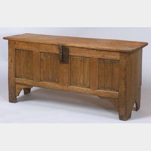 English Jacobean Oak Blanket Chest, rectangular top, the sides carved with linenfold panels, on square block feet, ht. 24, lg. 51, dp.