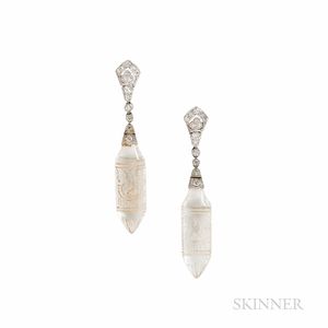 Art Deco Platinum, Carved Rock Crystal, and Diamond Earrings