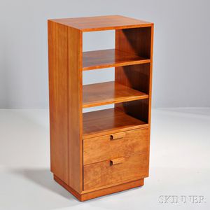 Charles Webb Cherry Bookcase with Cabinet Massachusetts, 1970s, rectangular top over three open shelves over two drawers with removabl