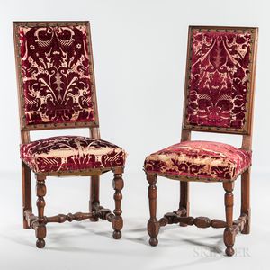 Near Pair of Louis XIV Walnut Upholstered Side Chairs