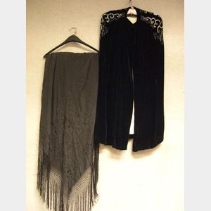 Chinese Embroidered Black Silk Shawl and a Sequined and Beaded Black Velvet Cloak.