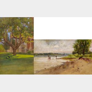 American School, 19th Century Lot of Two Landscape Views: Fishing on the River