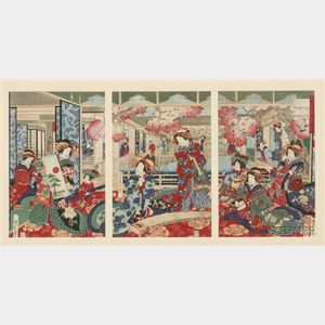 Toyokuni III: Garden Scene from the Tale of Genji