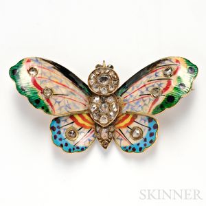 Antique Gold, Enamel, and Diamond Butterfly Brooch
