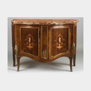 Louis XV Style Marquetry Inlaid Mahogany Serpentine-front Marble-top Cabinet