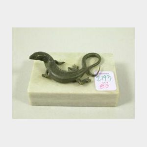Small Patinated Bronze Lizard on a Gray Marble Paperweight.