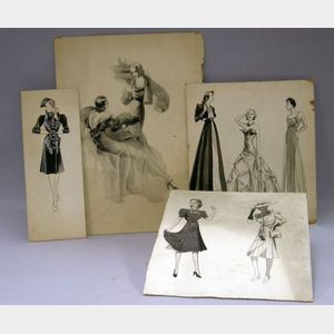 Four Unframed 1930s/1940s Ink and Watercolor Women's Fashion Sketches