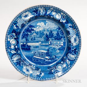 Transfer-decorated Historical Blue Staffordshire "Dam or Water Works Philadelphia" Plate