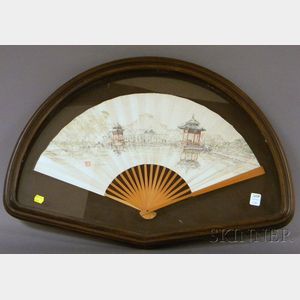 Framed G.S. Hill Watercolor View of an Asian Garden on Paper Hand Fan with Wood Guards