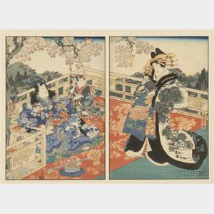 Kunisada II: Samurai with Attendant Admiring a Lady on a Porch with Overhanging Cherry Branch