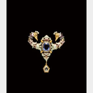 Renaissance Revival Sapphire, Diamond, and Enamel Brooch, Gustave Espinasse