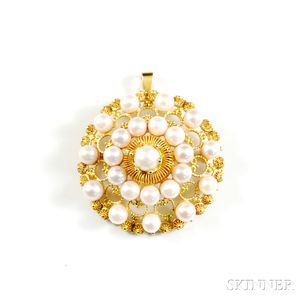 14kt Gold and Cultured Pearl Pendant/Brooch