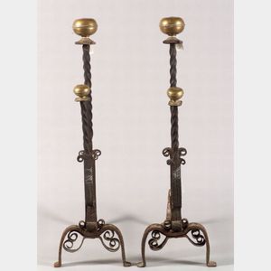 Pair of Large Renaissance Style Wrought Iron and Brass Andirons