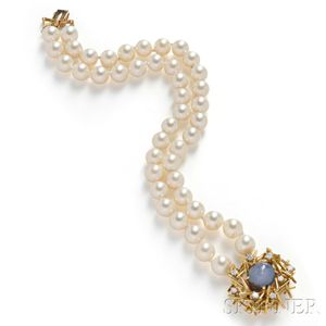 18kt Gold, Star Sapphire, and Cultured Pearl Bracelet, Boris Le Beau