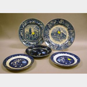 Five Assorted English Blue and White Transfer Decorated Plates